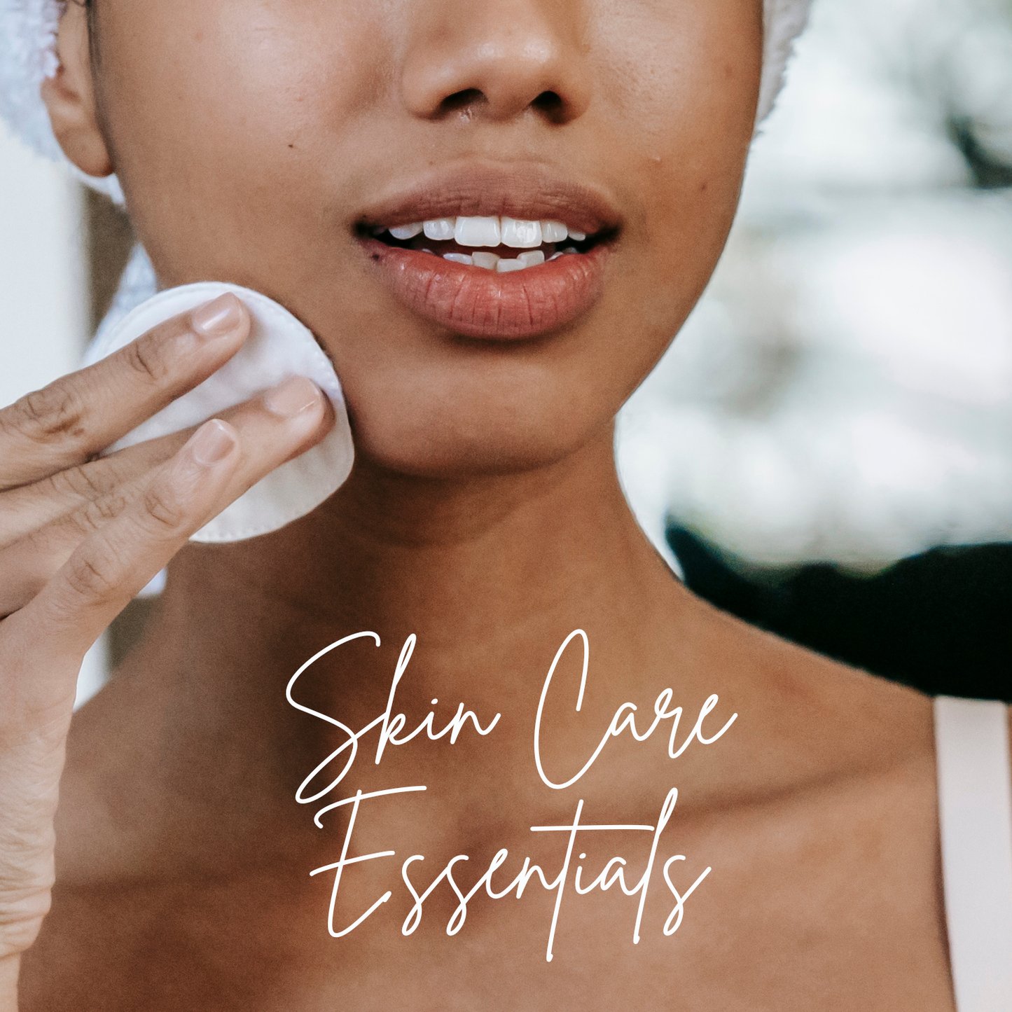 Woman applying a facial product with text 'Skin Care Essentials' on a blurred background