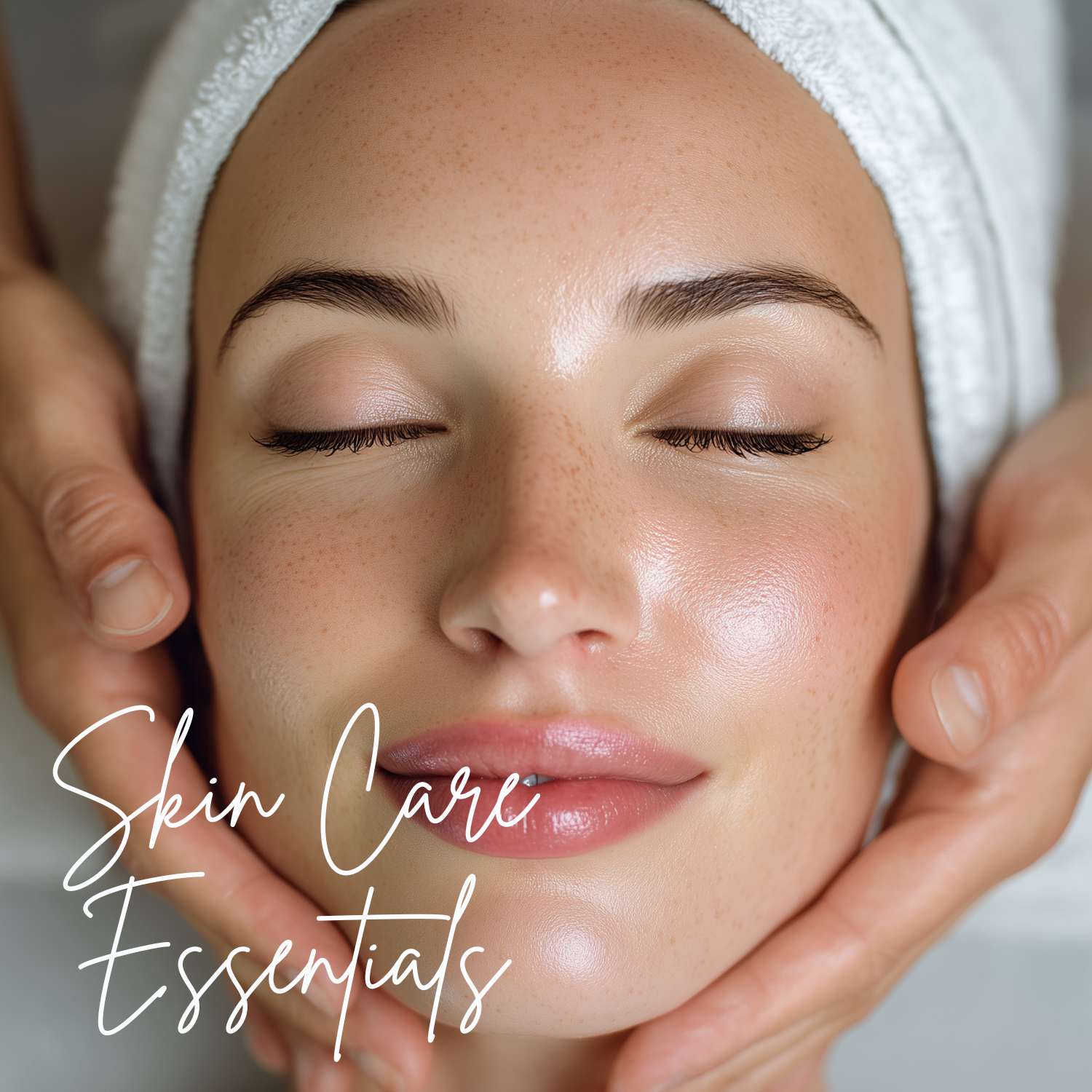 Close-up of a woman's face with hands gently touching her skin, text 'Skin Care Essentials' below.